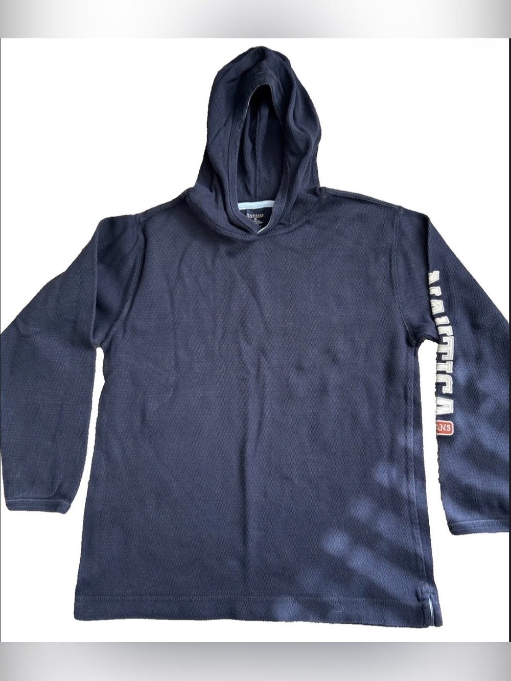 VTG Y2K Nautica Jeans Co Hoodie Blue Cotton Youth 16-18 Logo Sleeve Sweatshirt